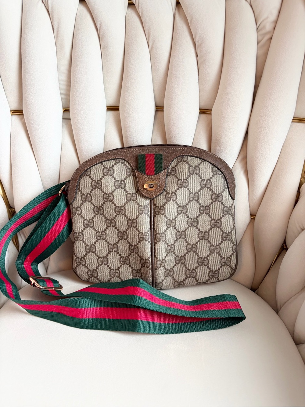 Gucci Brown GG Supreme Canvas Crossbody with Green & Red Web Stripe